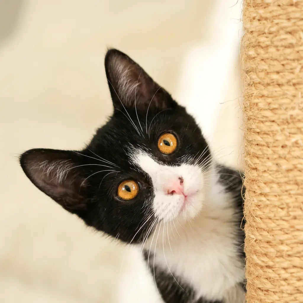 chat observant un griffoir chat corde en sisal avec texture naturelle
