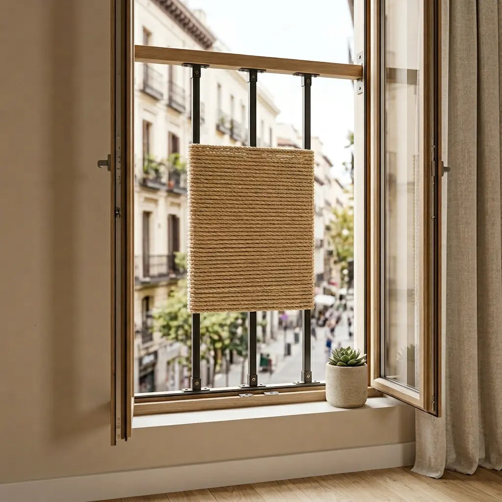griffoir chat corde en sisal installé sur une fenêtre dans un intérieur moderne