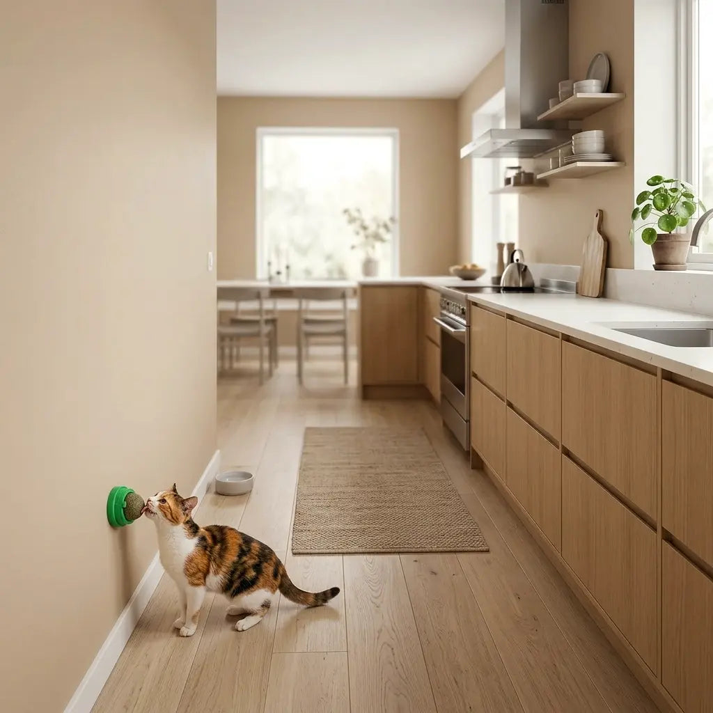 chat utilisant un jouet herbe à chat mural fixé au mur dans une cuisine