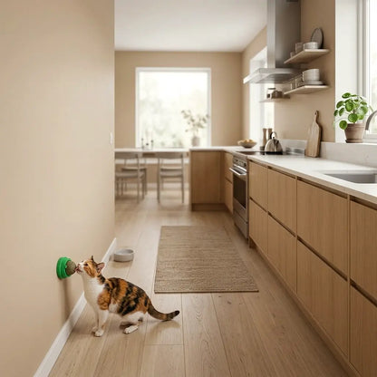 chat utilisant un jouet herbe à chat mural fixé au mur dans une cuisine
