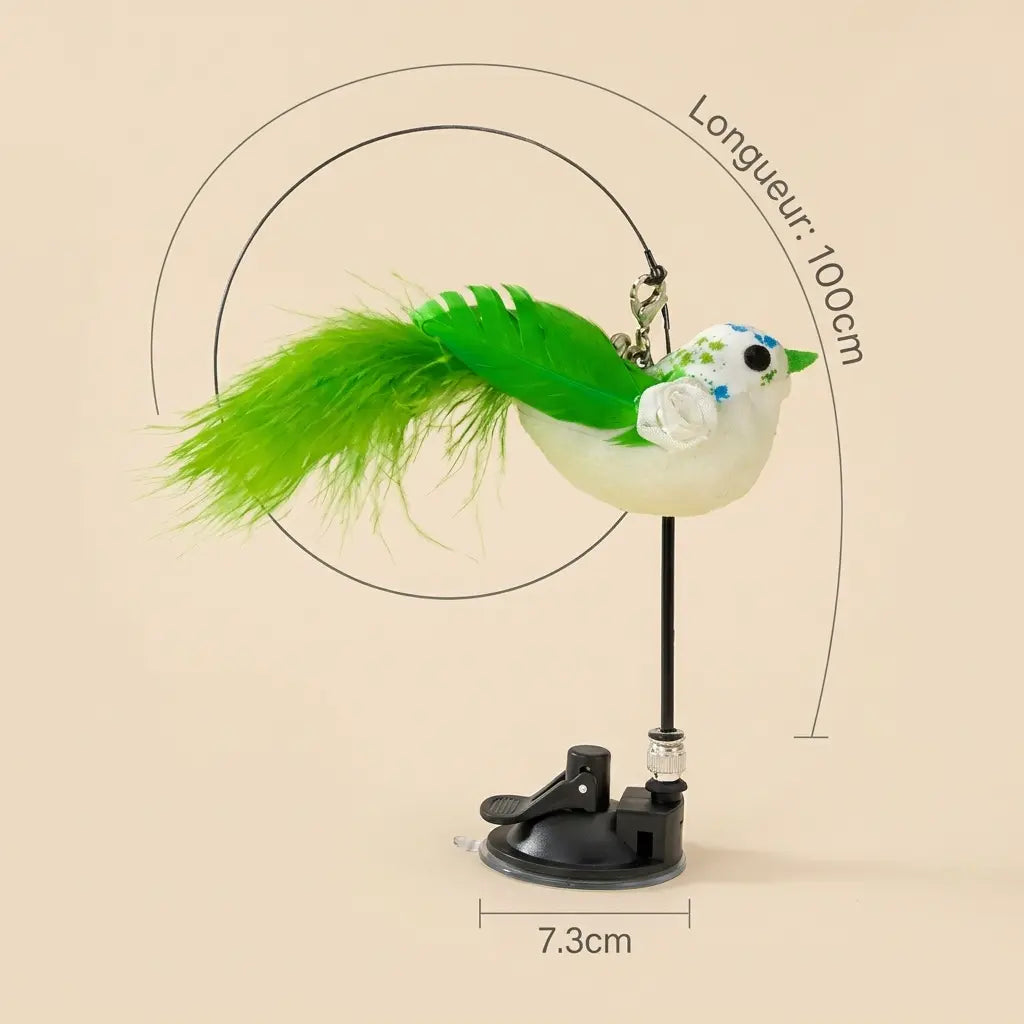 jeu chat oiseau volant avec plume verte et base ventouse dimensions 100 cm