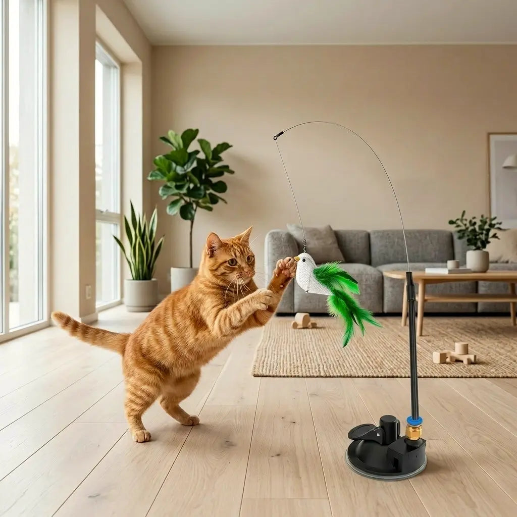 chat jouant avec un jouet oiseau volant suspendu pour stimulation et activité