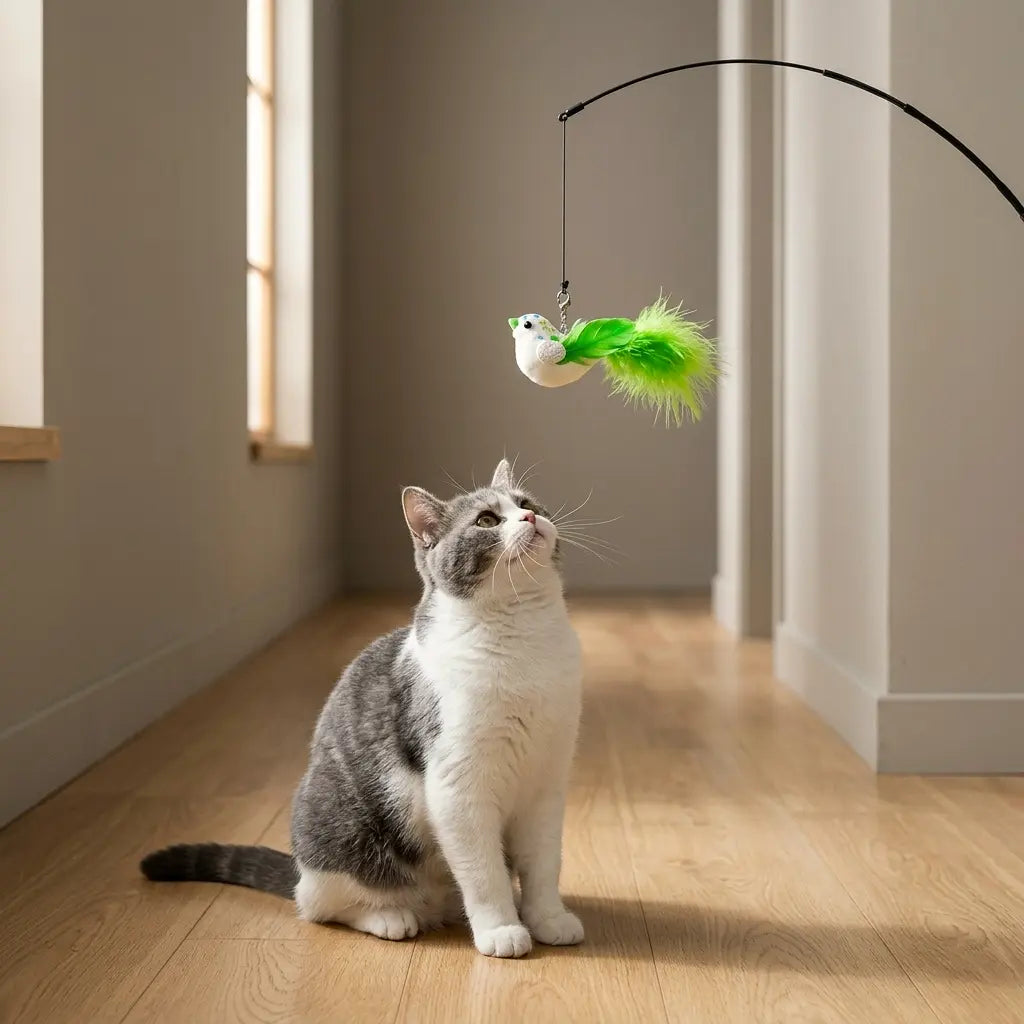 chat observant un jouet oiseau volant suspendu dans un intérieur moderne