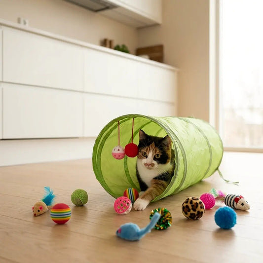 chat jouant dans un tunnel avec différents jeux pour chat