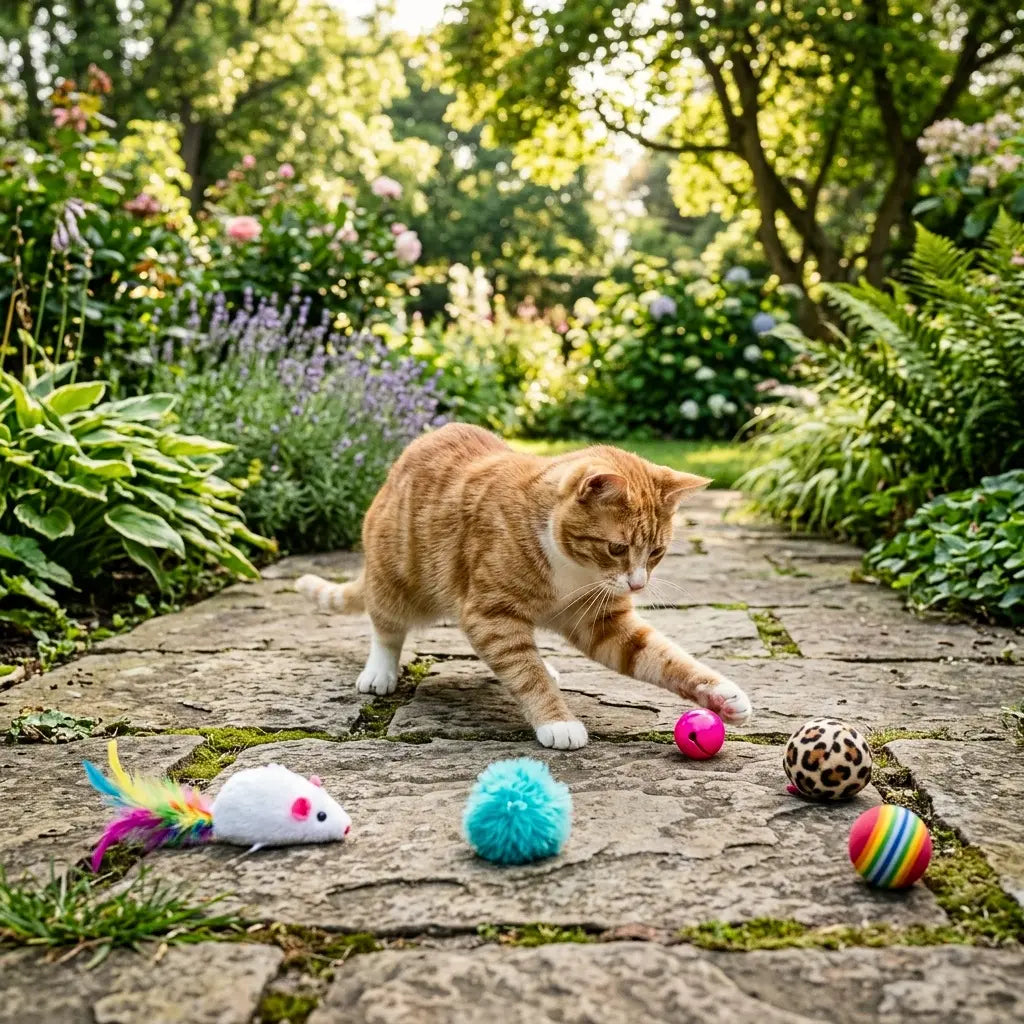 chat jouant avec des jeux pour chat en extérieur dans un jardin