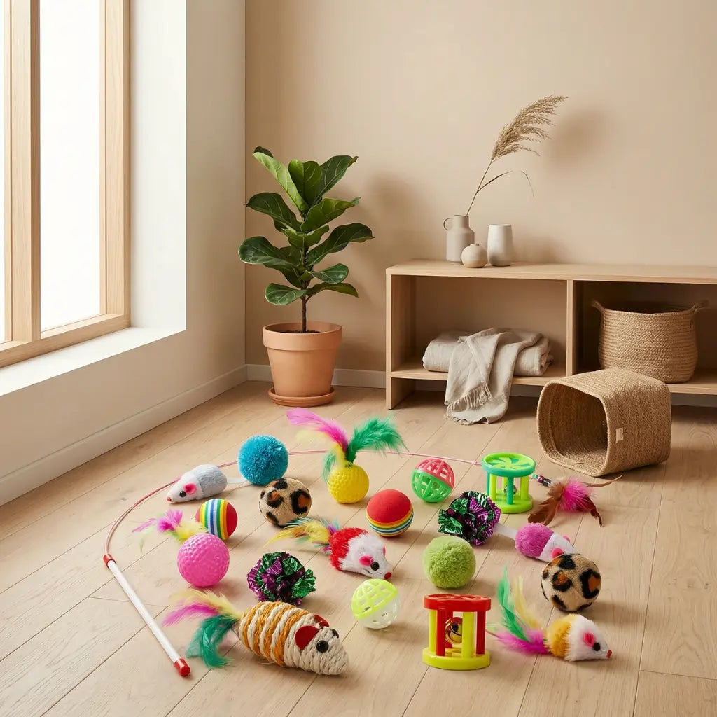 jeux pour chat posés au sol dans un salon moderne