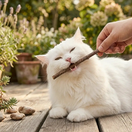 chat mâchant un bâtonnet naturel jouet dentaire chat pour entretien des dents