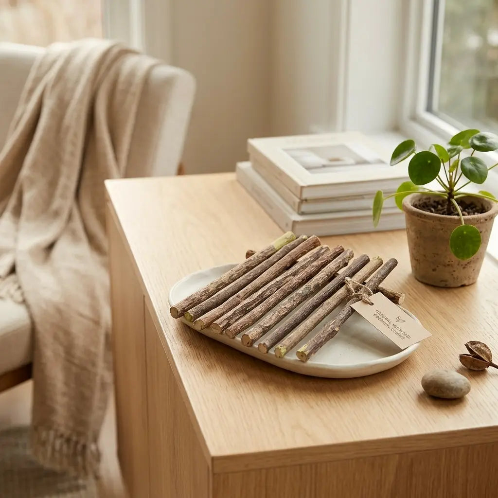 jouet dentaire chat en bâtonnets naturels posés sur une table en bois intérieur