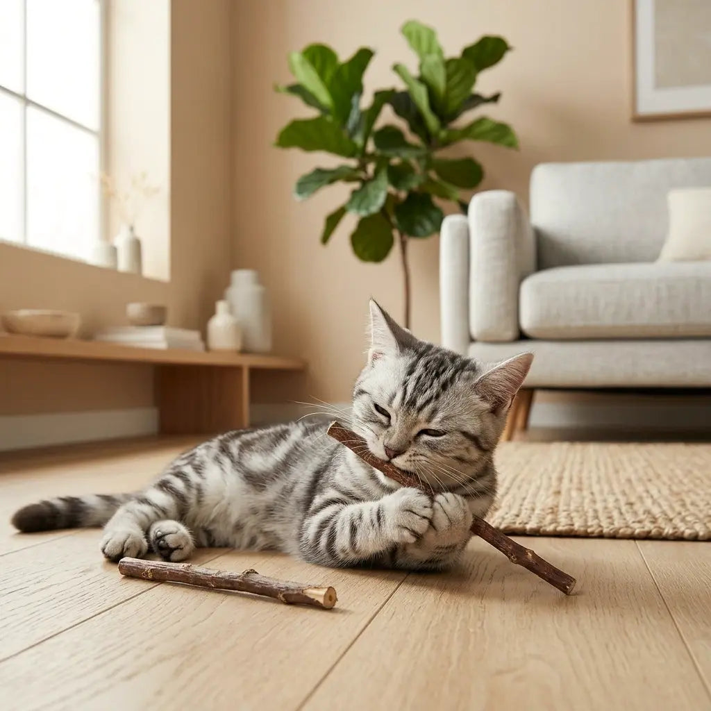 chat jouant avec un bâtonnet naturel jouet dentaire chat sur sol intérieur