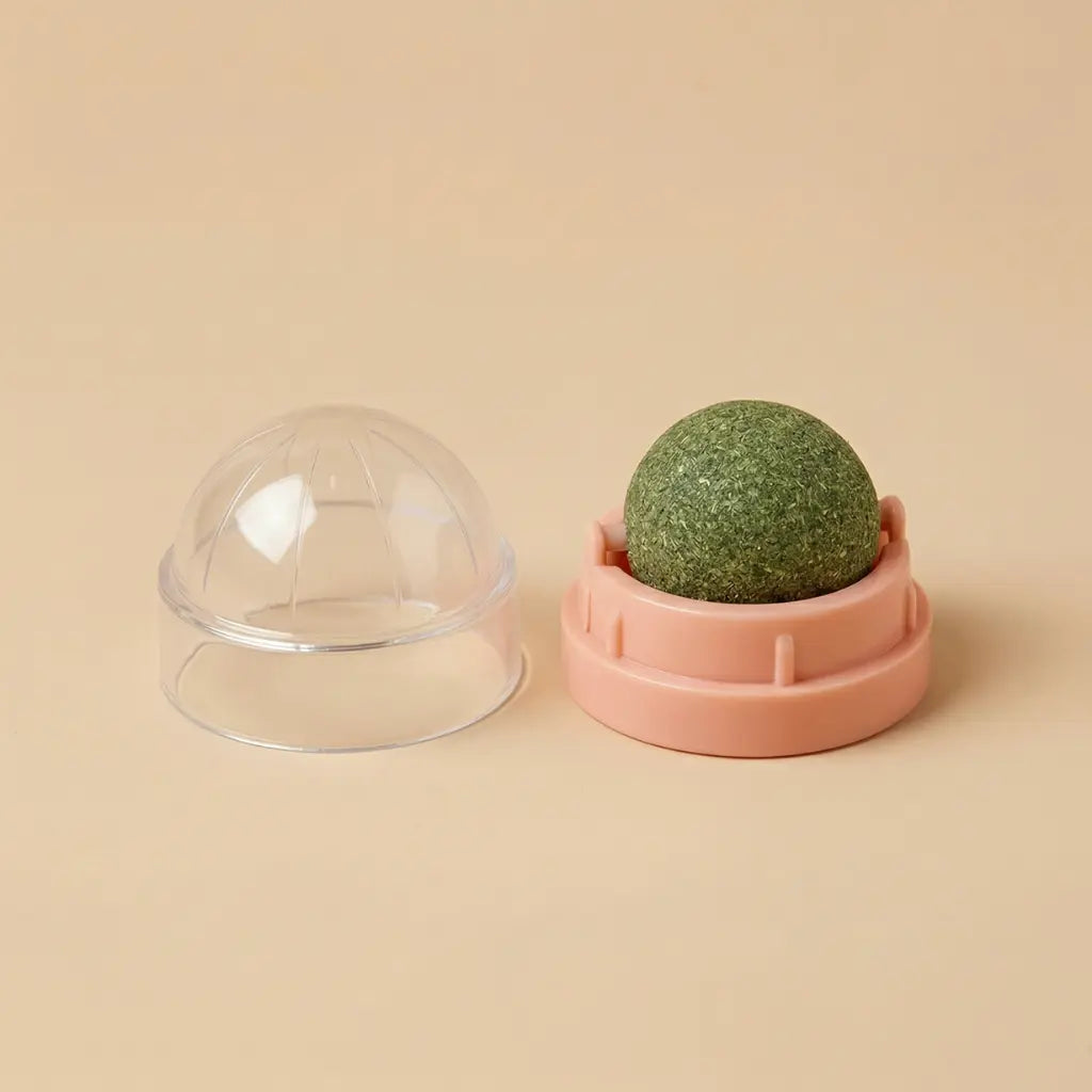 jouet herbe à chat avec base rose et boule naturelle pour chat