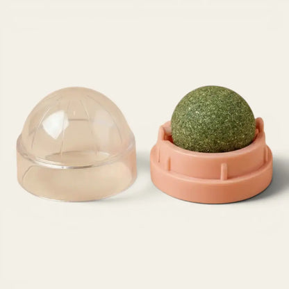 Jouet arbre à chat design avec herbe à chat rechargeable, support stable et protection transparente pour préserver les arômes.