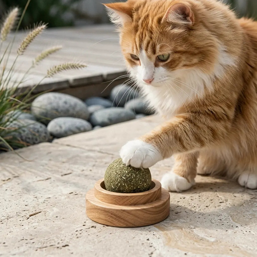 chat jouant avec une boule d’herbe à chat naturelle sur support en bois