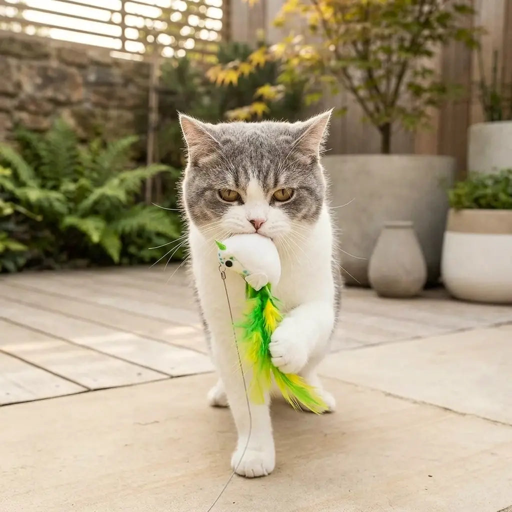 chat tenant un jouet oiseau volant avec plumes vertes en extérieur