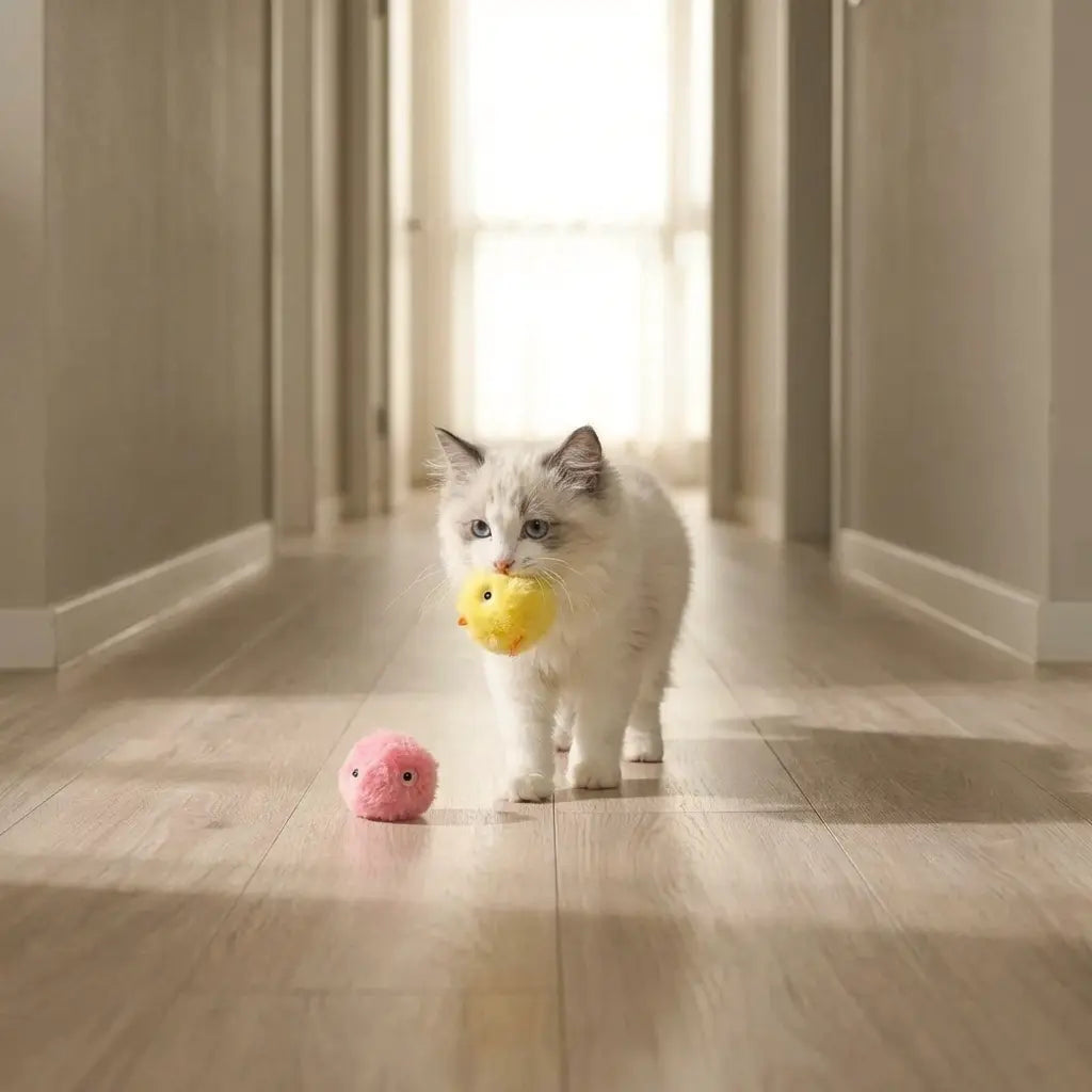 chaton portant une peluche interactive dans la bouche jouet stimulant