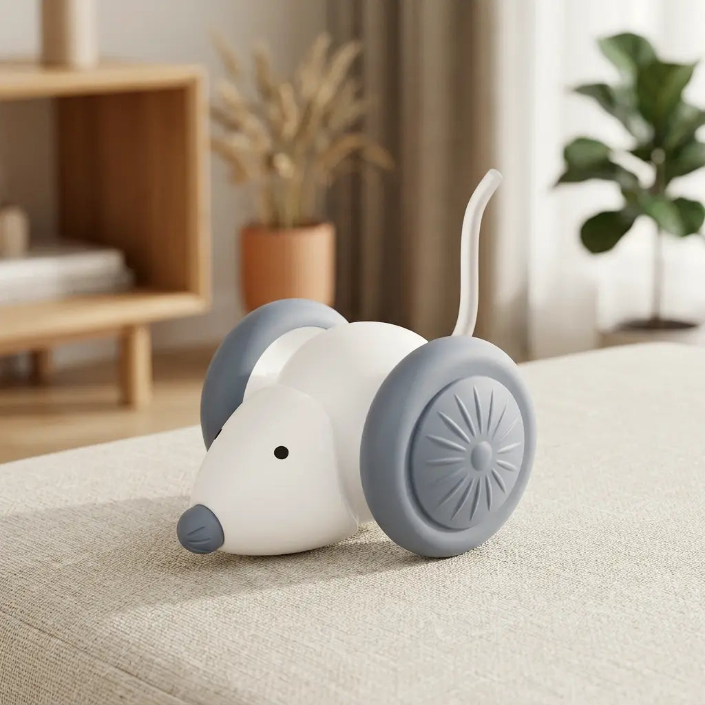 jouet robot chat posé dans un salon moderne style scandinave