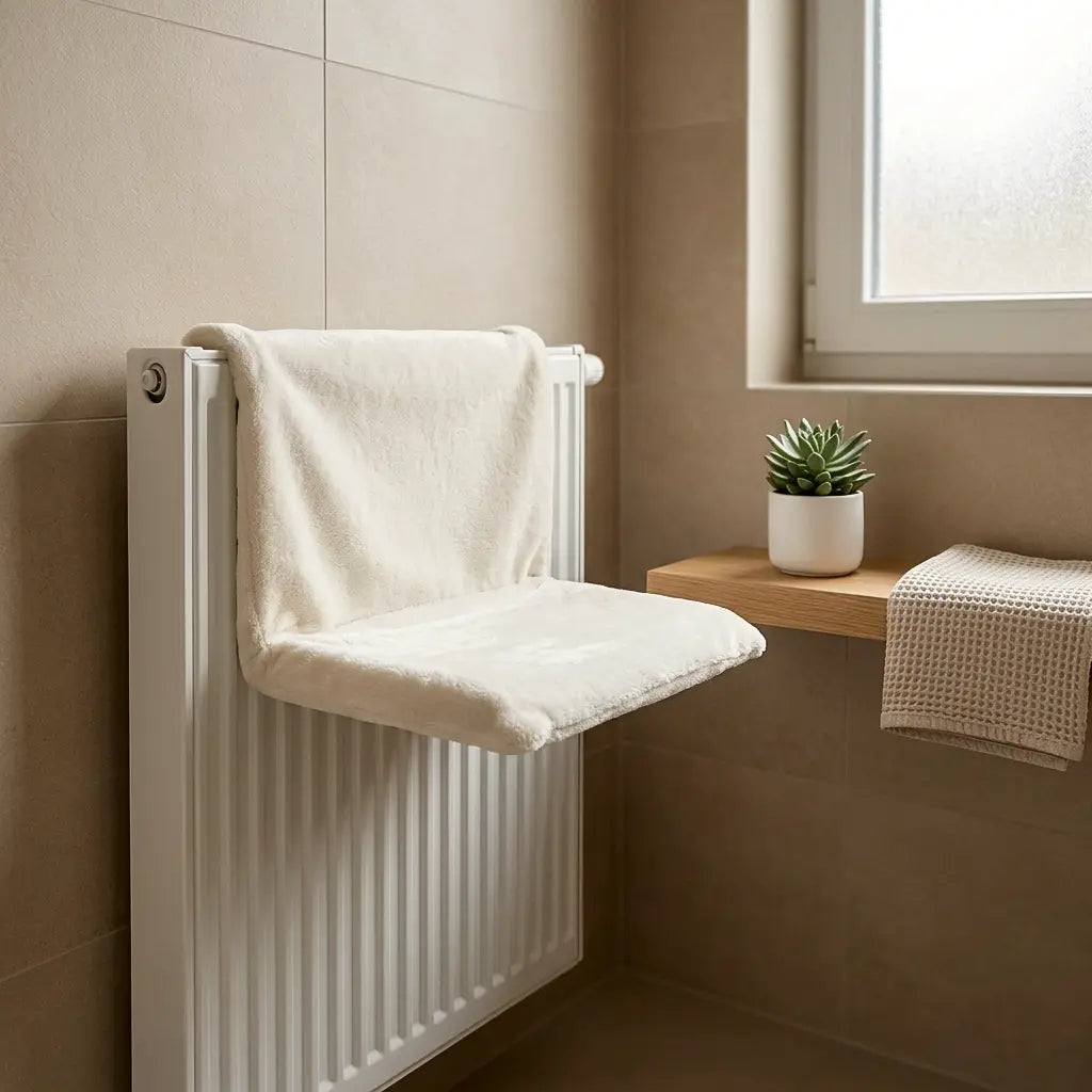 lit radiateur pour chat installé dans une salle de bain lumineuse et minimaliste