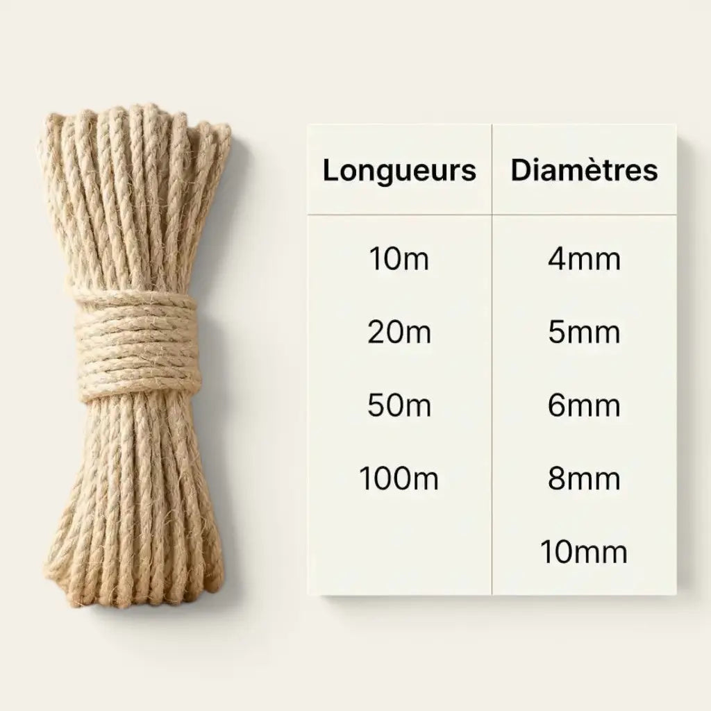 tableau des longueurs et diamètres du sisal pour arbre à chat