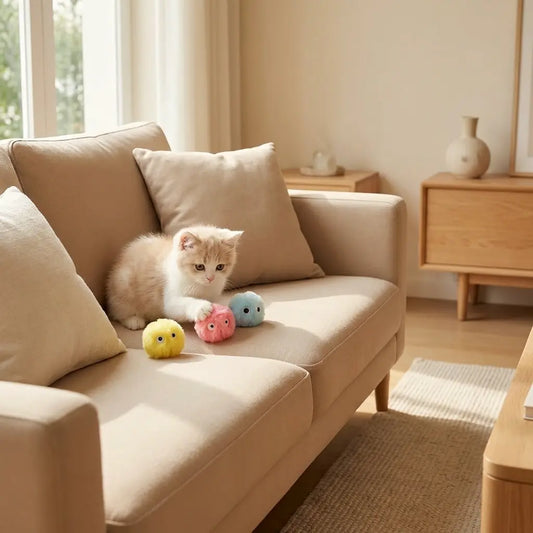 chaton jouant avec peluche interactive douce sur canapé jouet pour chaton