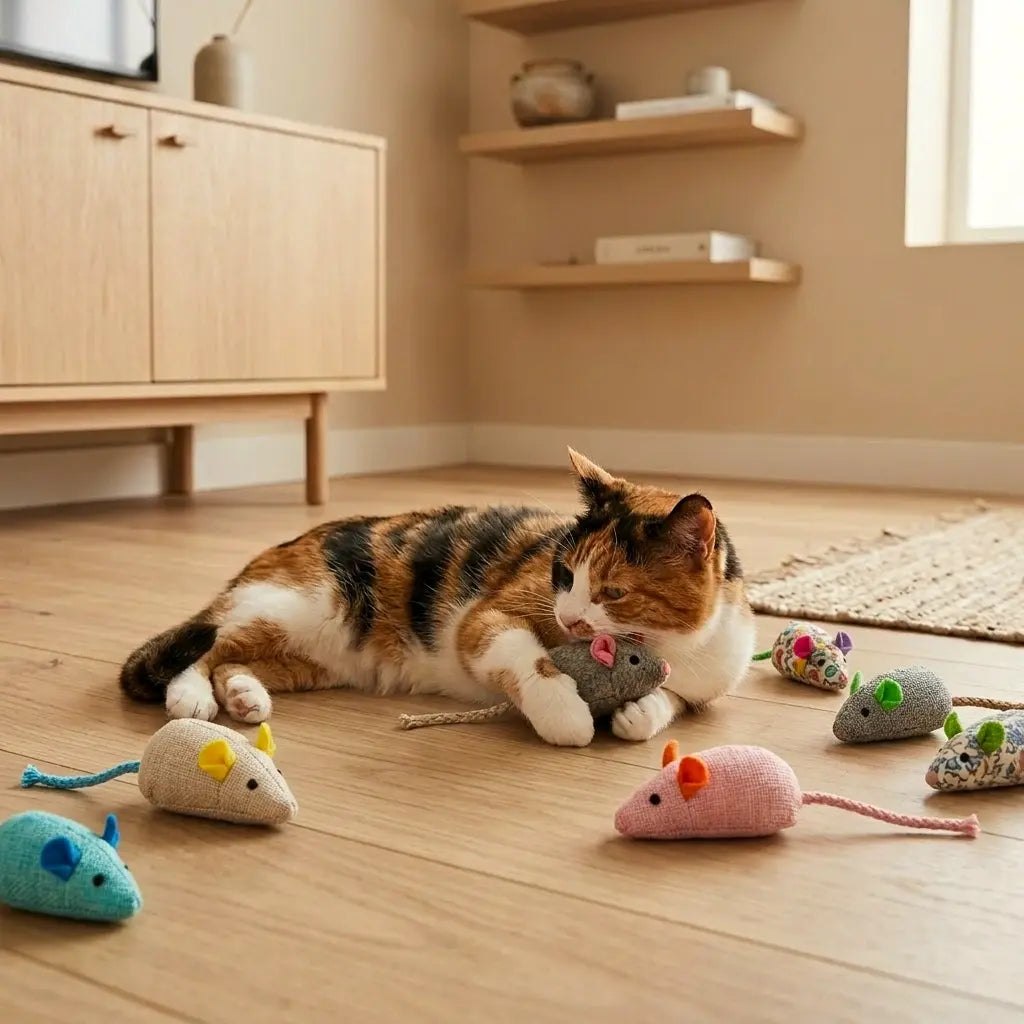 chat jouant avec plusieurs peluches pour chat en forme de souris