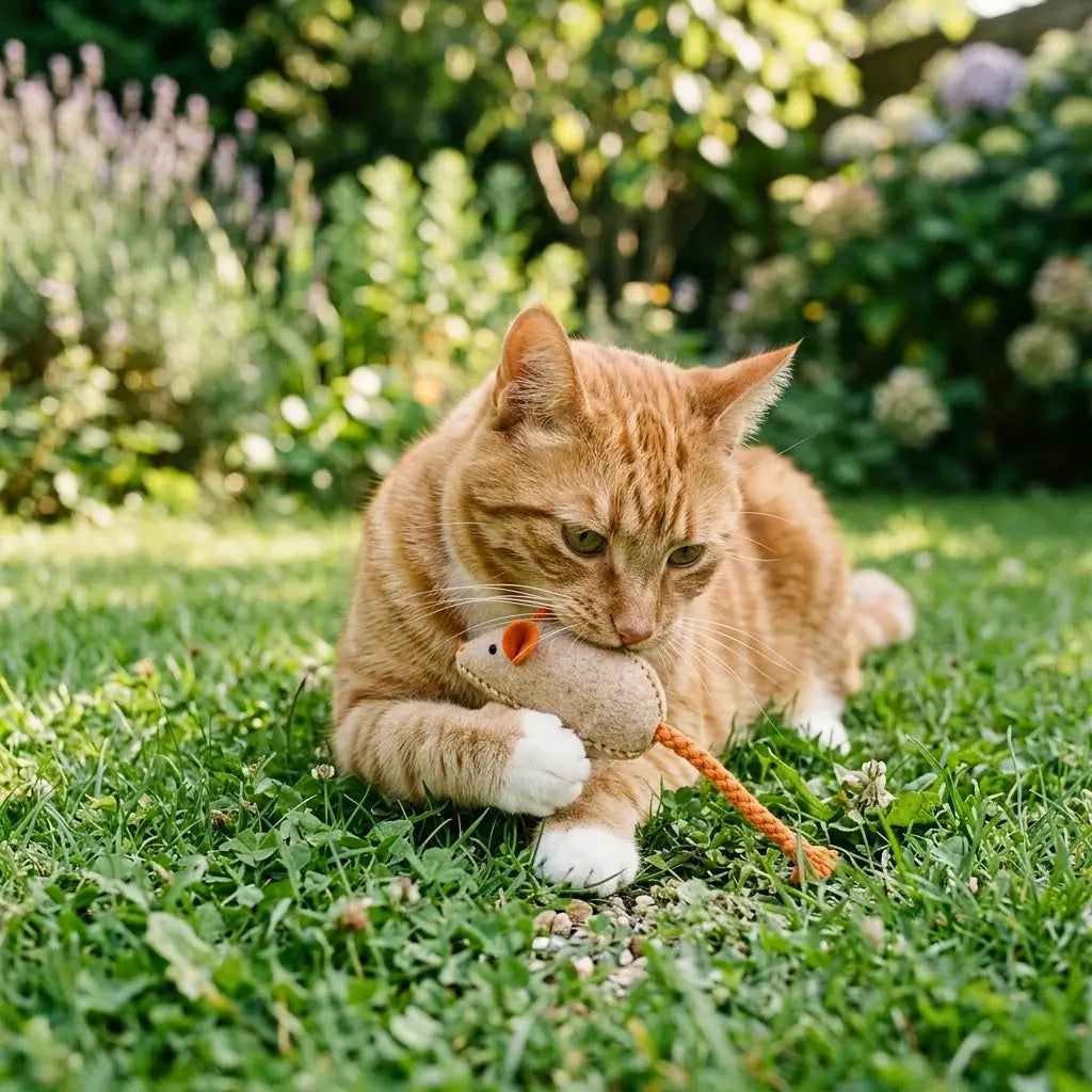 chat jouant avec une peluche pour chat dans un jardin