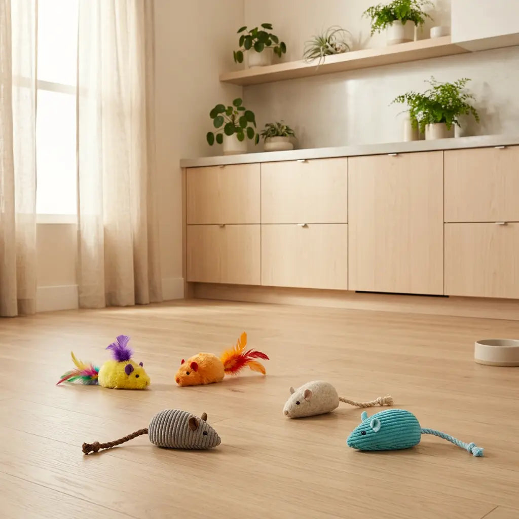 peluches pour chat posées sur sol en bois dans un intérieur