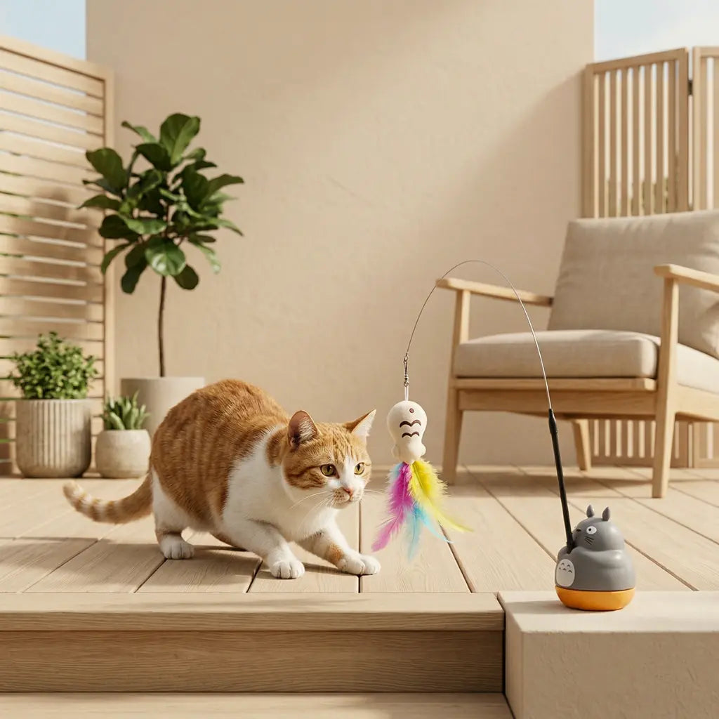 chat jouant avec un plumeau chat à plume colorée
