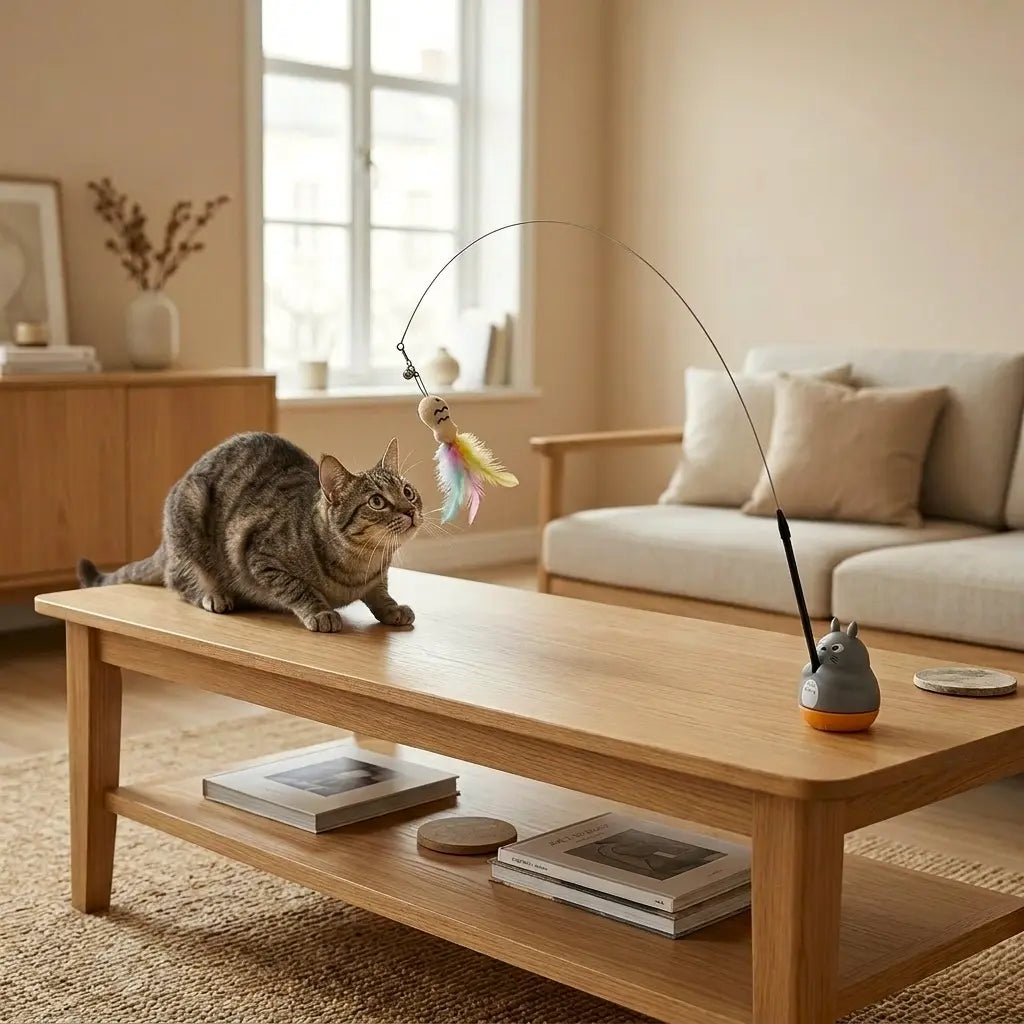 chat observant un plumeau chat suspendu sur une table