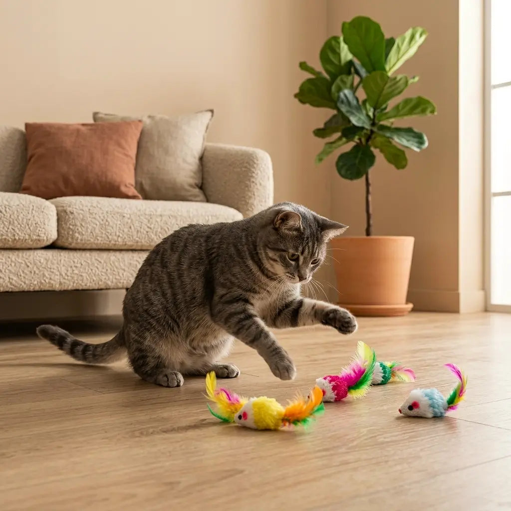 chat jouant avec souris pour chat colorées avec plumes