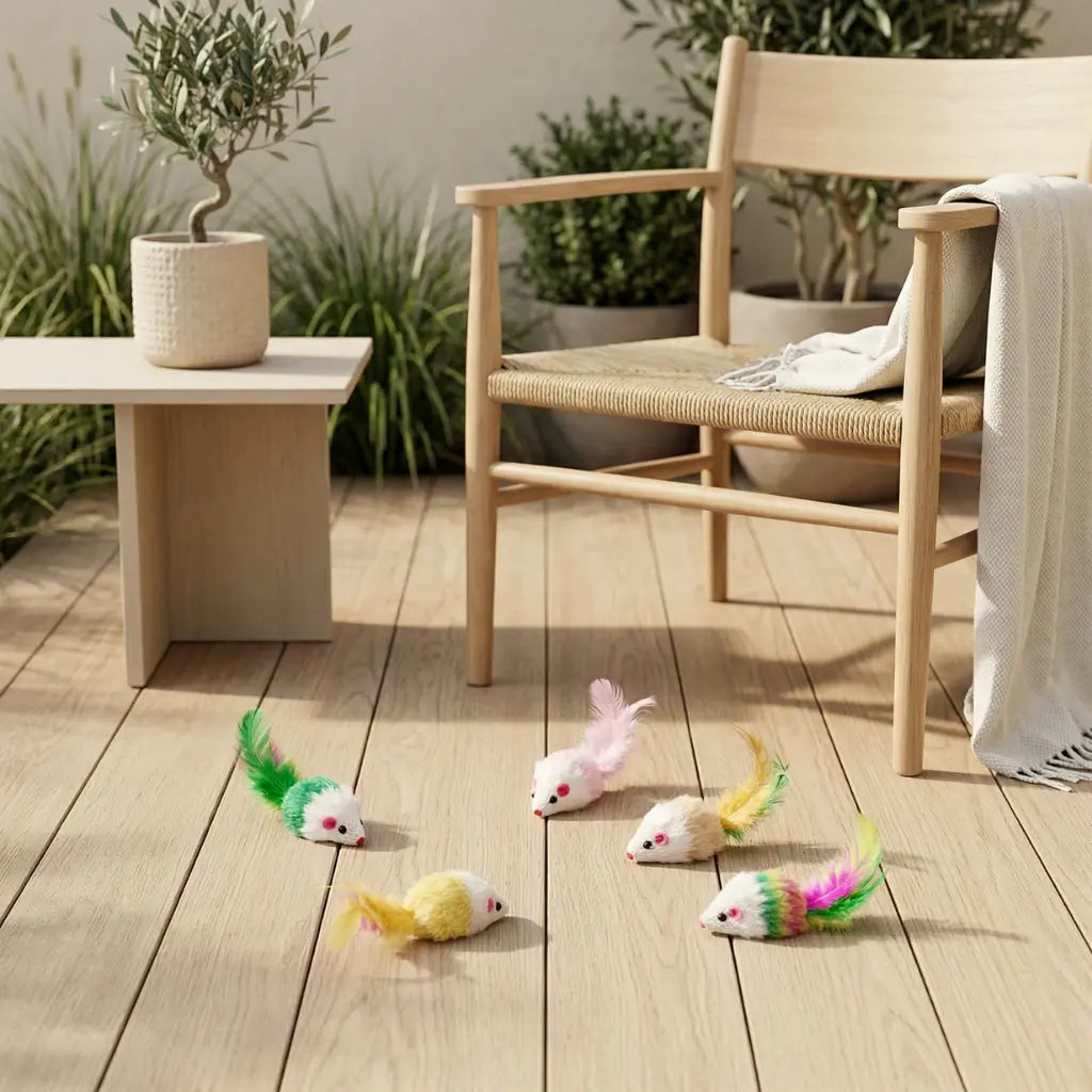 souris pour chat colorées posées sur sol en bois intérieur