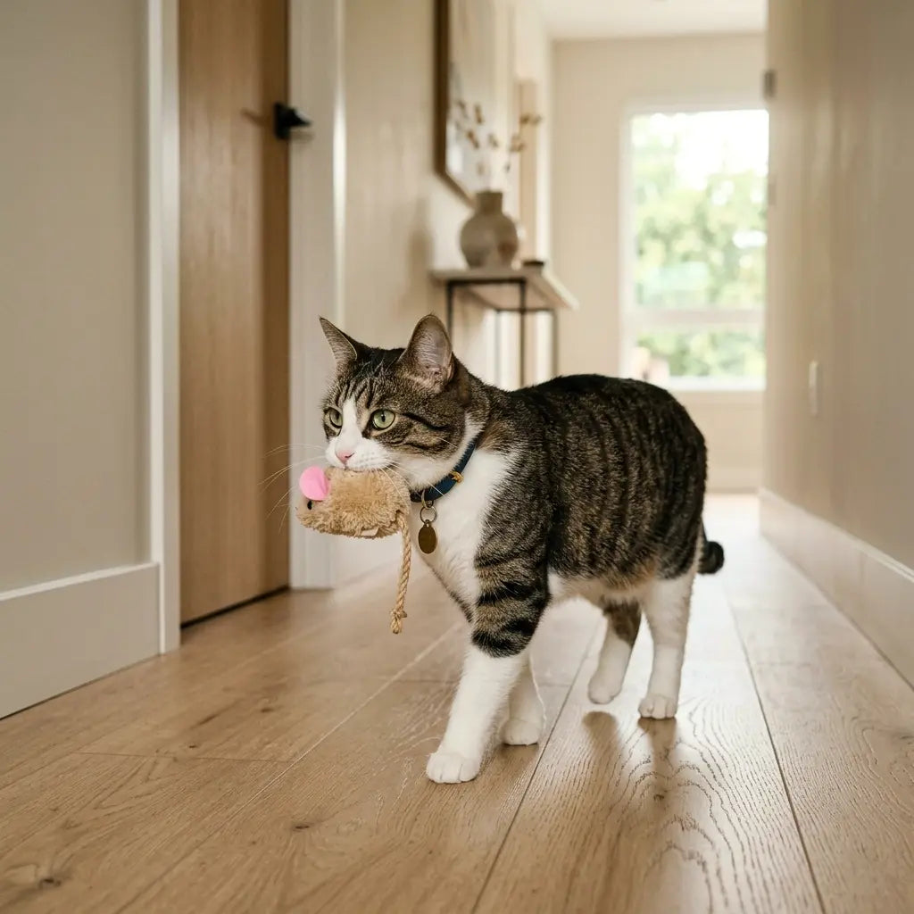chat transportant une souris pour chat en peluche dans sa gueule