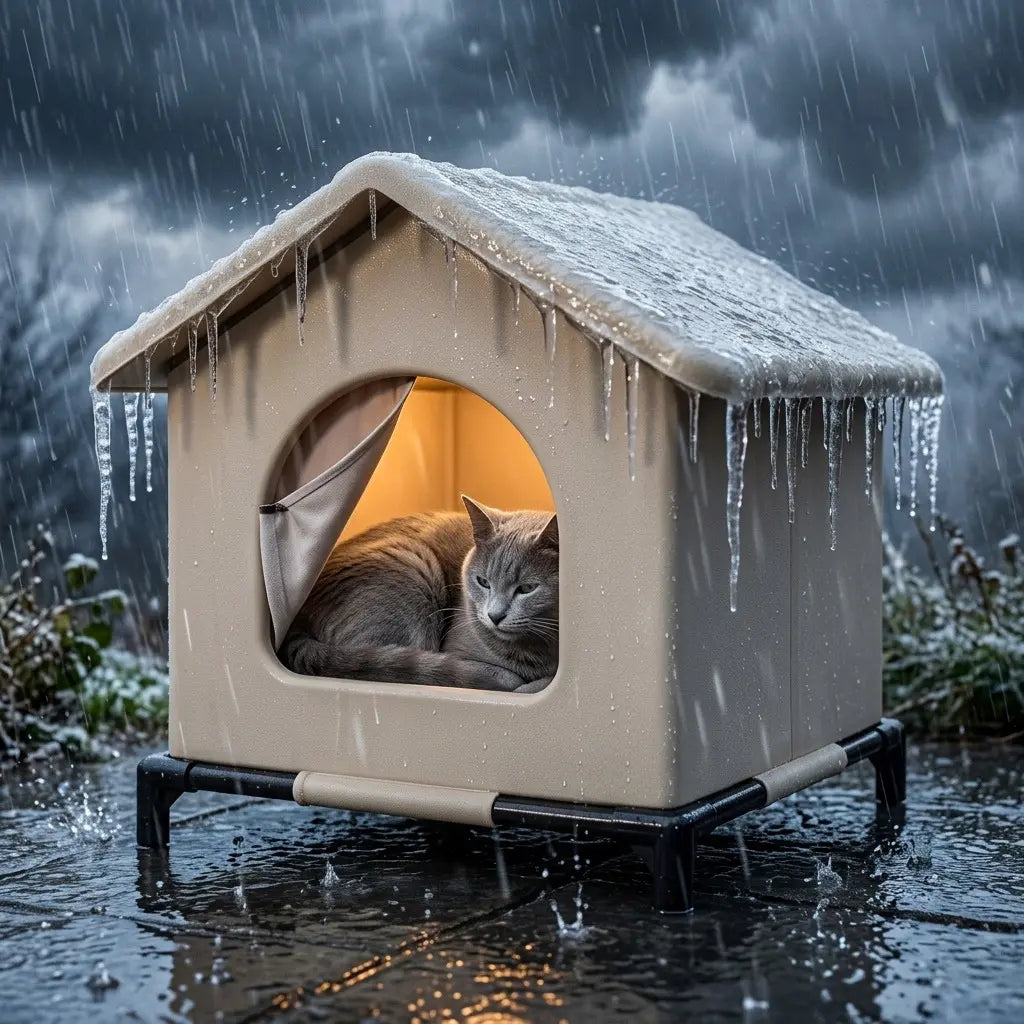 Abris chat extérieur imperméable protégeant efficacement le chat du froid, de la pluie et de l’humidité hivernale.
