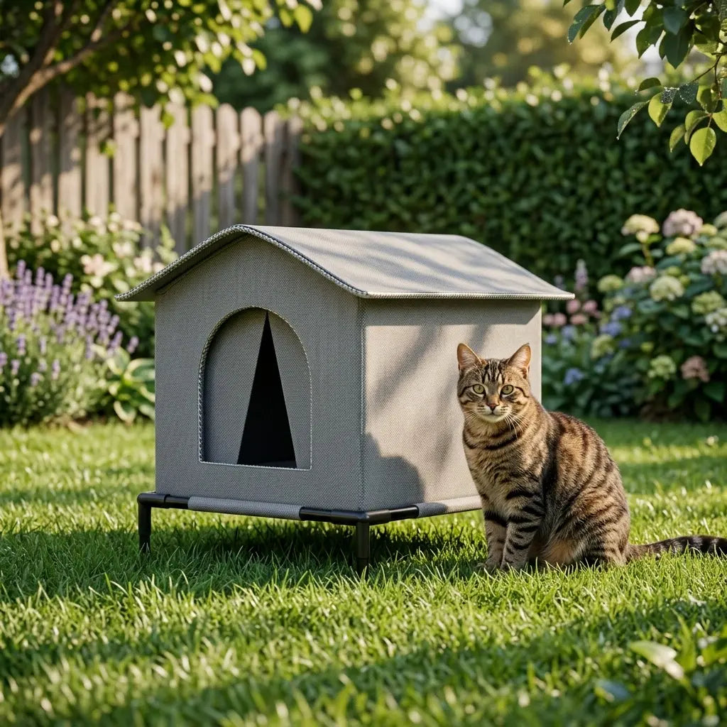 Abris chat extérieur imperméable installé dans le jardin pour offrir au chat un espace calme, sec et confortable.