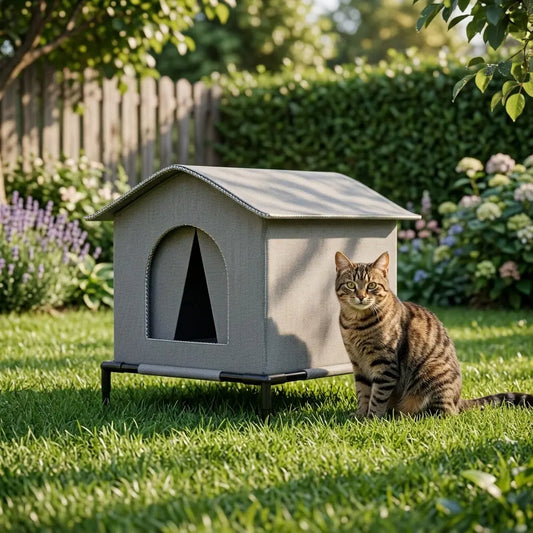 Abris chat extérieur imperméable installé dans le jardin pour offrir au chat un espace calme, sec et confortable.