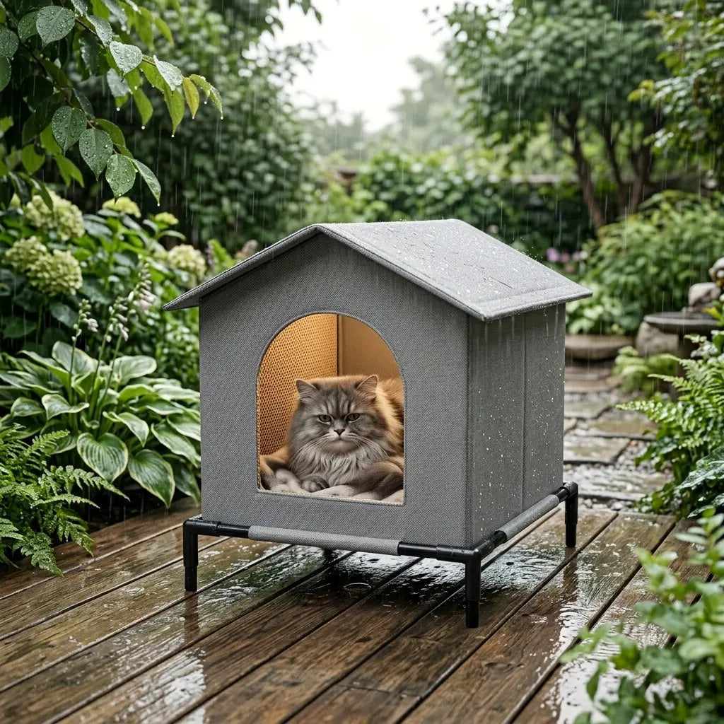 Abris chat extérieur imperméable installé au jardin pour offrir un refuge confortable et sec pendant la pluie.