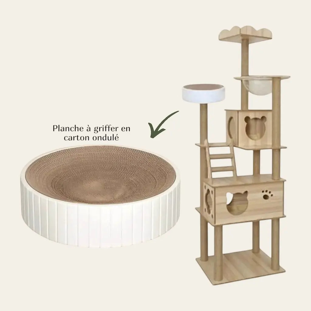 Griffoir en carton ondulé compatible avec arbre à chat beige bois, conçu pour satisfaire l’instinct naturel de griffade du chat et protéger les meubles.