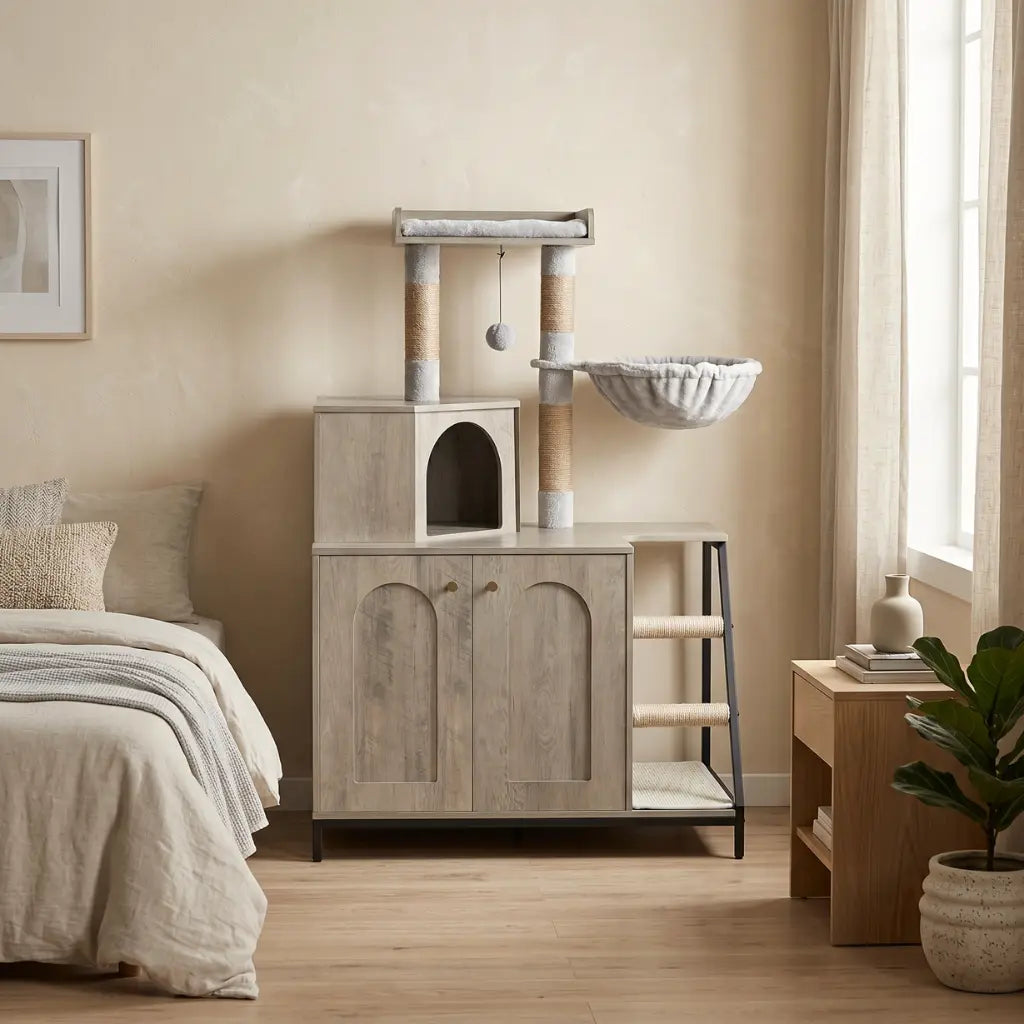 achat arbre moderne intégré dans une chambre avec meuble design et espace repos pour chat