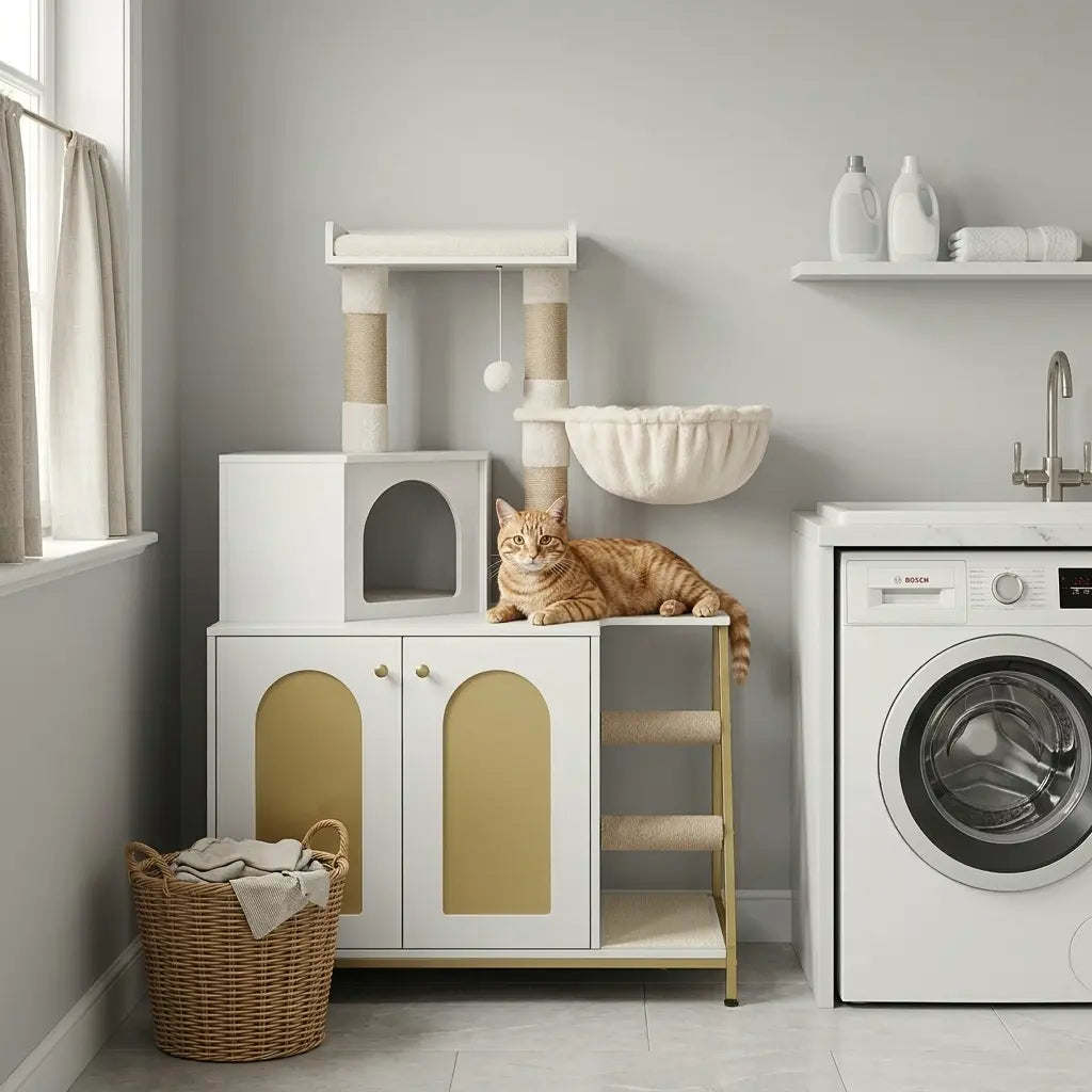 achat arbre moderne avec chat installé sur meuble design dans un intérieur contemporain