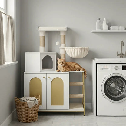 achat arbre moderne avec chat installé sur meuble design dans un intérieur contemporain
