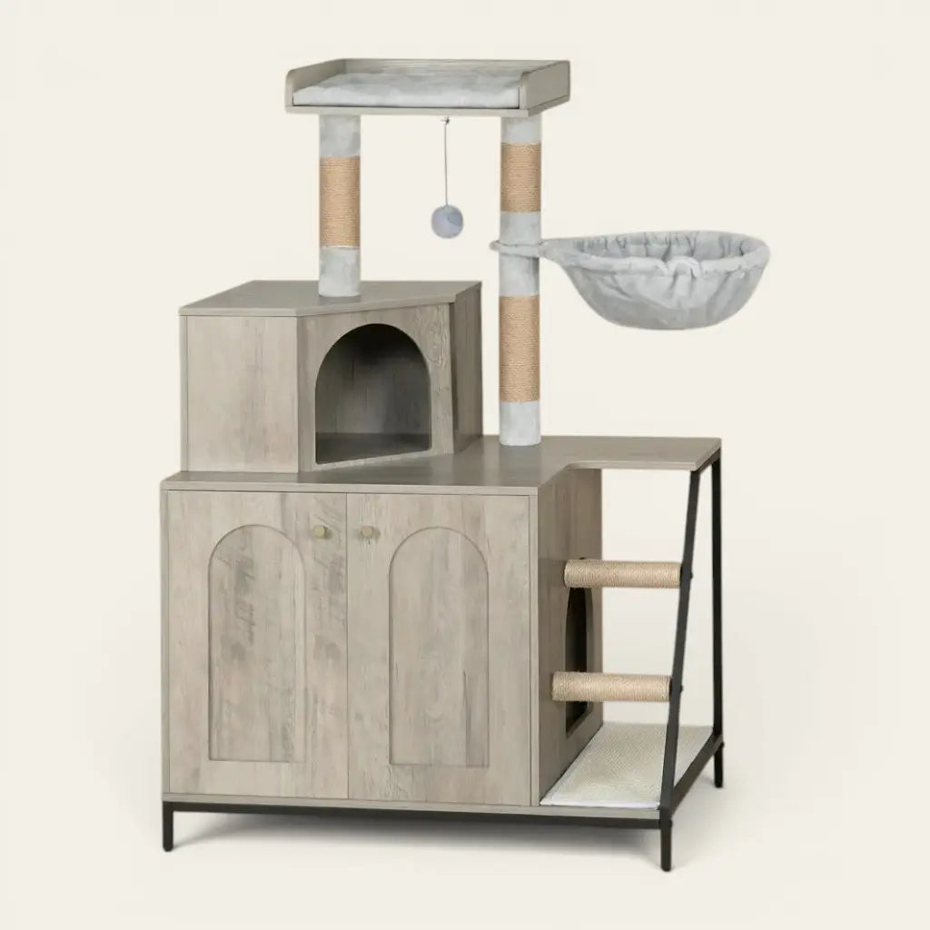 achat arbre moderne meuble pour chat avec rangement intégré niche et plateforme design