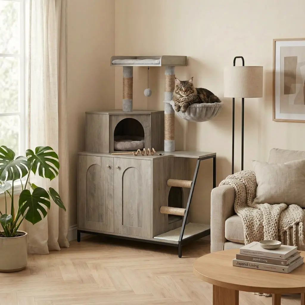 achat arbre moderne avec chat sur hamac dans un salon cosy et intérieur contemporain