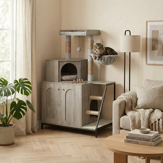 achat arbre moderne avec chat sur hamac dans un salon cosy et intérieur contemporain