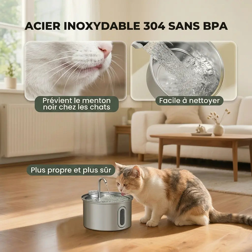 Présentation de la fontaine à eau en acier inoxydable 304 sans BPA, facile à nettoyer et plus hygiénique