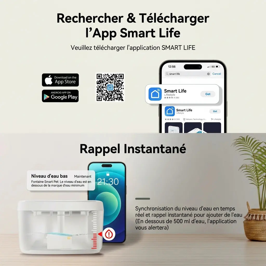 Application Smart Life pour contrôler la fontaine à eau connectée et recevoir les alertes de niveau d'eau
