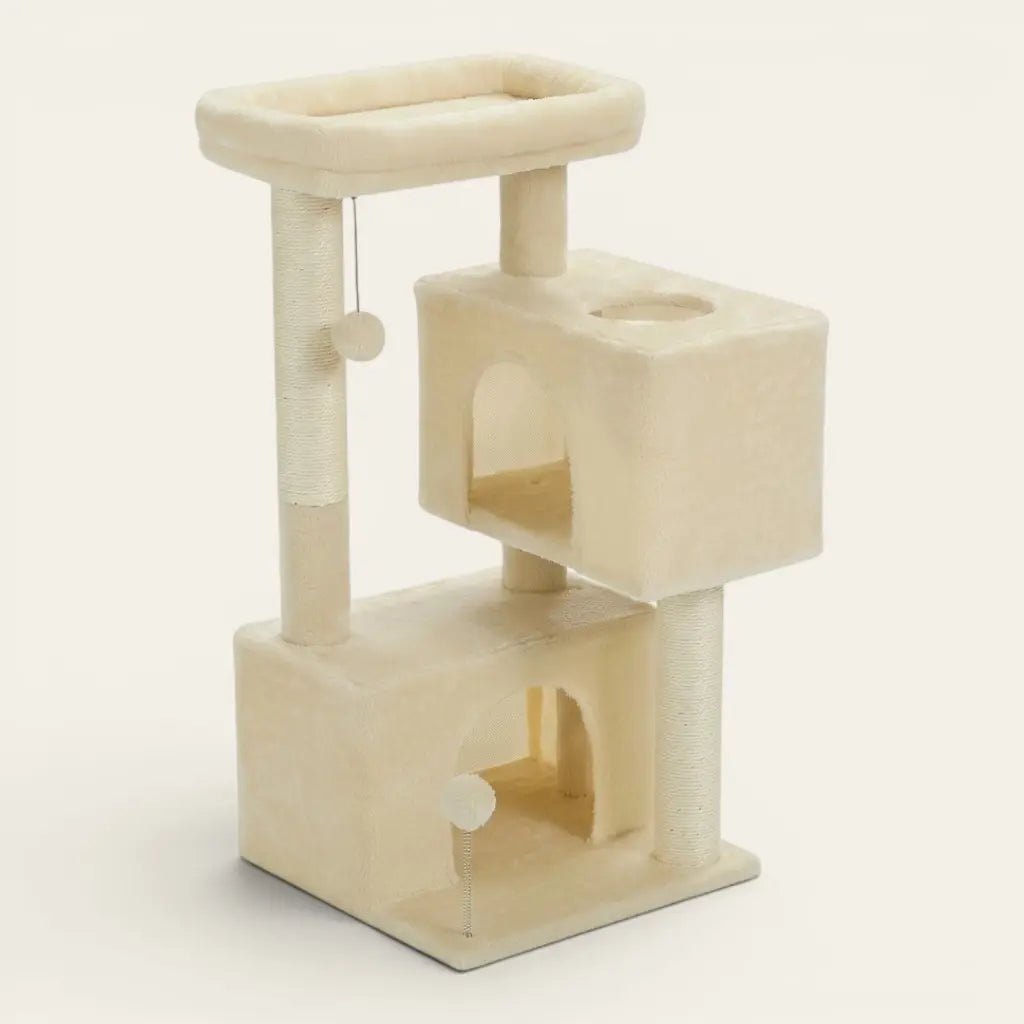 Arbre à chat 1 mètre beige avec double cachette, plateforme surélevée et griffoirs
