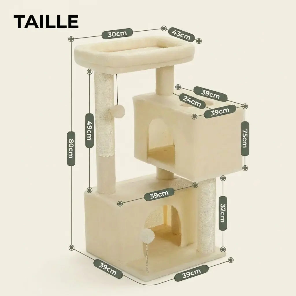 Dimensions de l’arbre à chat 1 mètre beige avec double niche, plateforme de repos et poteaux en sisal