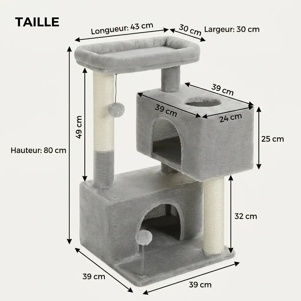 Dimensions de l’arbre à chat 1 mètre gris avec double niche, plateforme supérieure et griffoirs en sisal
