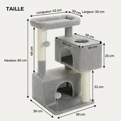 Dimensions de l’arbre à chat 1 mètre gris avec double niche, plateforme supérieure et griffoirs en sisal