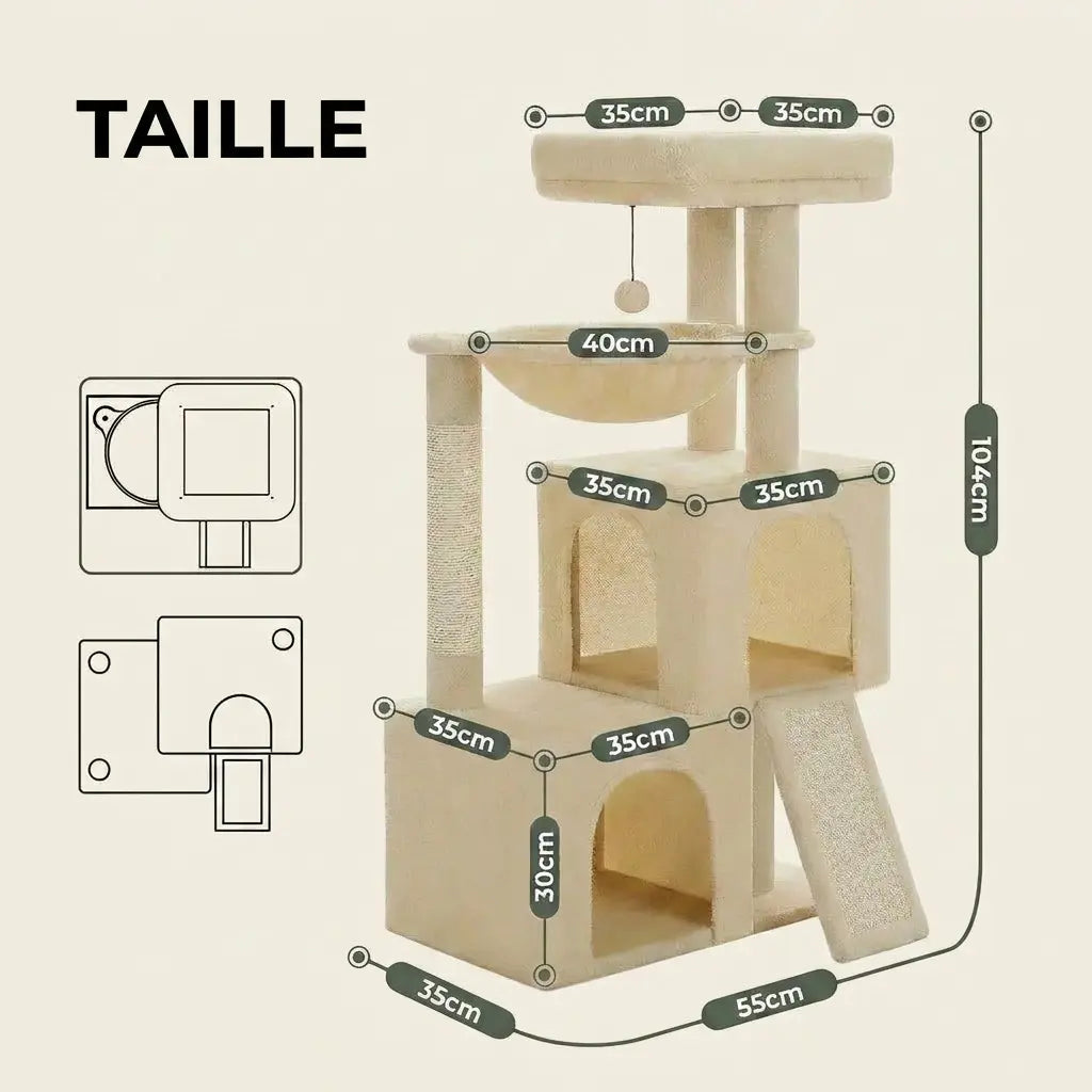 Dimensions de l’arbre à chat 1 mètre avec hamac suspendu, niches et rampe griffoir coloris beige