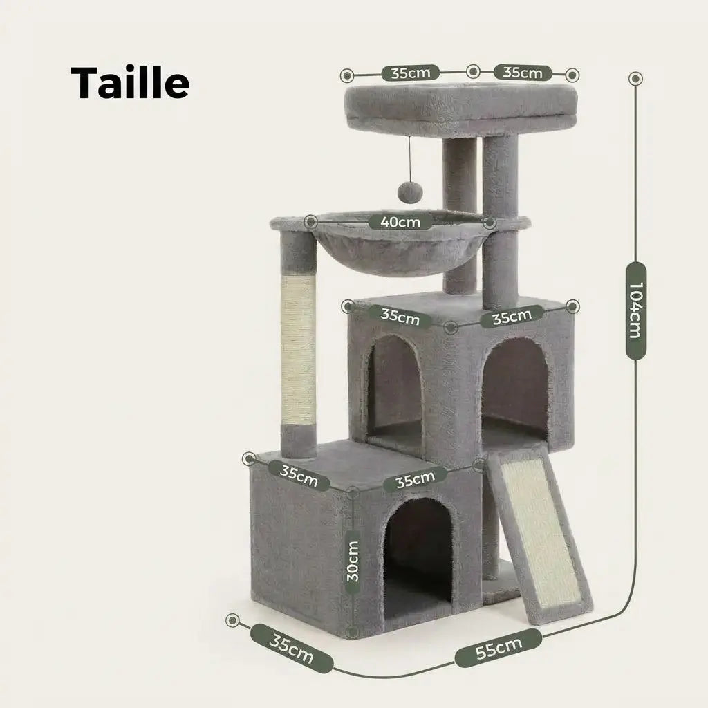 Dimensions de l’arbre à chat 1 mètre gris avec hamac, plateformes d’observation et espaces de repos