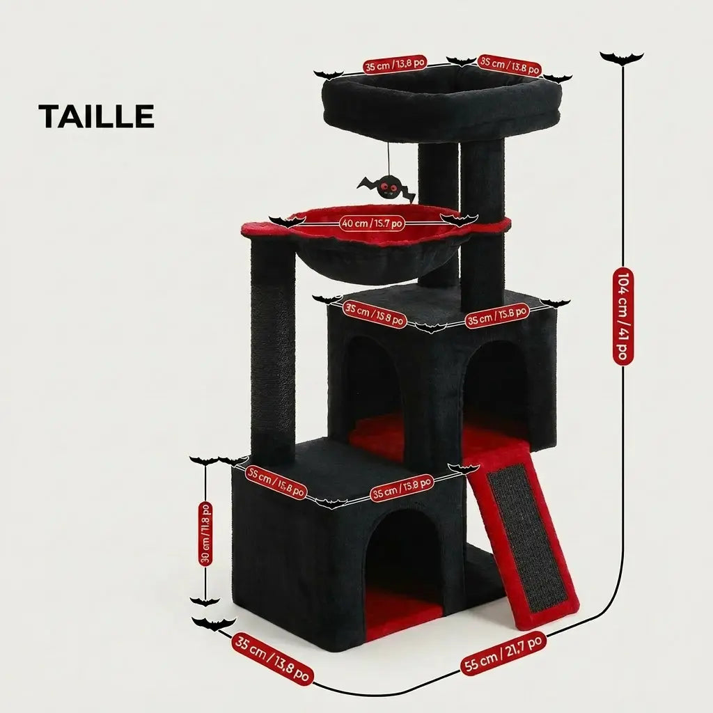 Dimensions de l’arbre à chat 1 mètre noir et rouge avec hamac, niches fermées et rampe à griffer